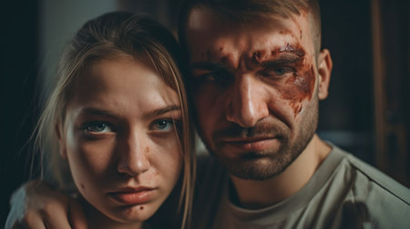 At home, a bruised young woman and her irate husband. Domestic violence concept, Generative AIの素材