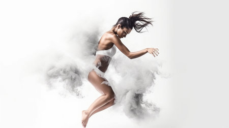 Muscle brunette beautiful female girl adult woman dancer in fog smoke fume wearing dance bodysuit performing dance element, Generative AIの素材