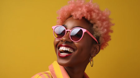 Generative AI, happy hopeful African American woman in colorful pink garments laughing isolated on yellow backgroundの素材
