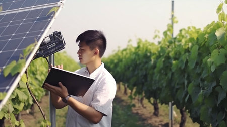 Engineers collect data using meteorological instruments to measure wind speed using tablet computers and Generative AI.の素材