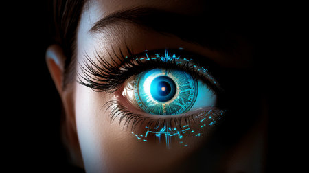 Woman's eye with futuristic vision system-Control and security concept in access technology, Generative AIの素材