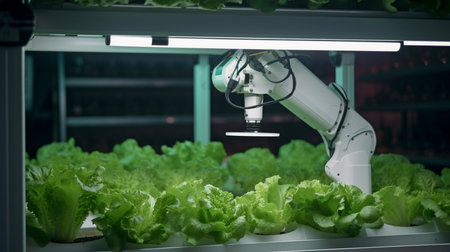 In a hydroponic greenhouse employing Smart Farming technology and Generative AI, a robotic arm harvests lettuce.の素材