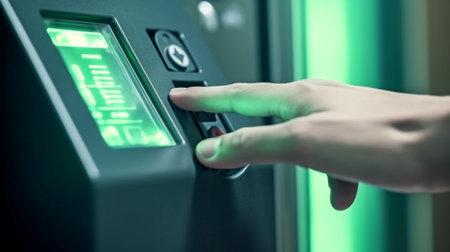 close-up of a finger being pressed down on a fingerprint scanner to get access to door security systems, Generative AIの素材