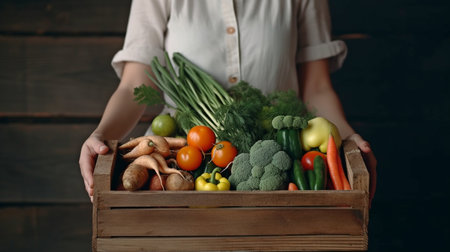 Farmer lady with a wooden box filled with fresh, raw veggies, a vegetable basket, and Generative AIの素材
