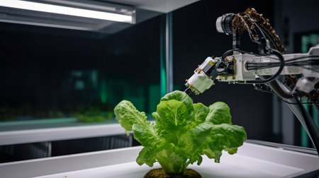 In a hydroponic greenhouse employing Smart Farming technology and Generative AI, a robotic arm harvests lettuce.の素材