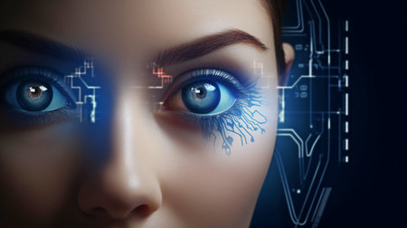 Woman's eye with futuristic vision system-Control and security concept in access technology, Generative AIの素材