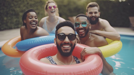 A happy diversified group of friends having a pool party, utilizing swim rings in a backyard swimming pool, Generative AIの素材