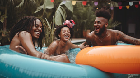 A happy diversified group of friends having a pool party, utilizing swim rings in a backyard swimming pool, Generative AIの素材