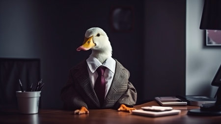 Generative AI depicts a duck in a suit and tie working at the office.の素材