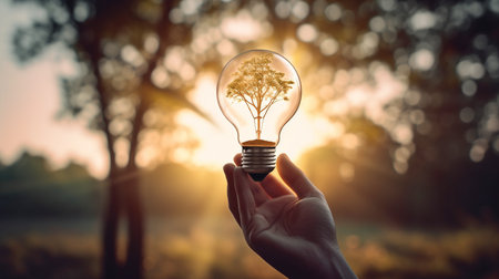 Generative AI, hand holding lights with tiny tree and sunshineの素材