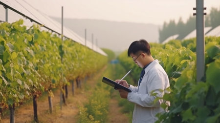 Engineers collect data using meteorological instruments to measure wind speed using tablet computers and Generative AI.の素材