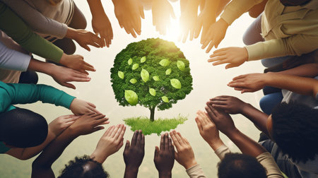 Multiethnic community of individuals working together to safeguard the environment, Generative AIの素材