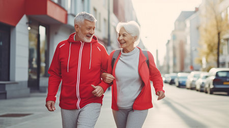 Senior couple in sportswear going down the street, Generative AIの素材