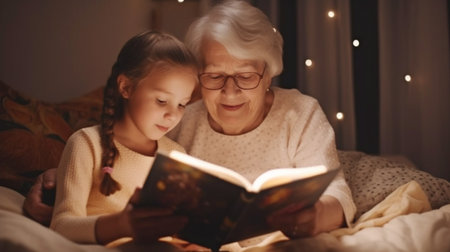 Generative AI, a young girl and her grandmother read a book in their bedroom.の素材
