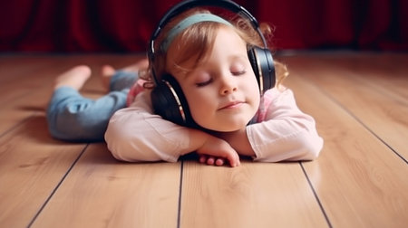 Generative AI, little girl listening to music while lying on the floorの素材