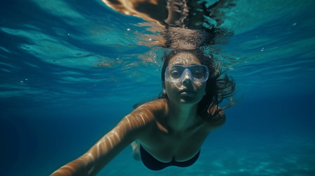 close-up of a woman swimming underwater in a clear blue ocean in Mauritius, Generative AIの素材