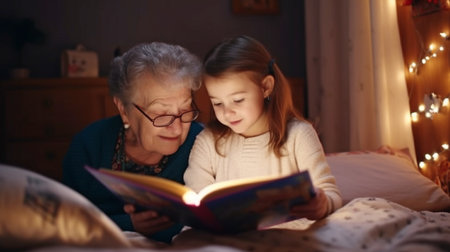 Generative AI, a young girl and her grandmother read a book in their bedroom.の素材