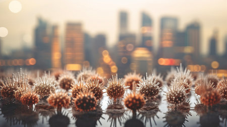 Close-up of a viral microbe with a blurred cityscape background, generated by Generative AIの素材