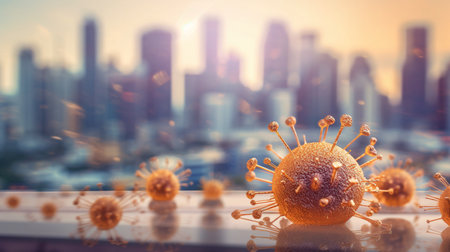 Close-up of a viral microbe with a blurred cityscape background, generated by Generative AIの素材