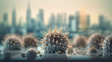 Close-up of a viral microbe with a blurred cityscape background, generated by Generative AIの素材