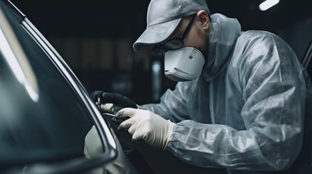 Generative AI guy worker in a respirator treats the carの素材
