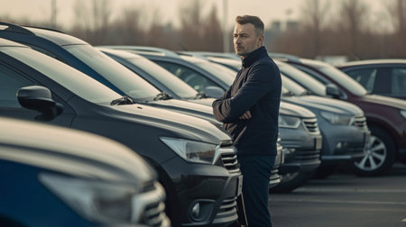 Man with Multiple Rows of Cars, Used Car Sales, and Generative AIの素材