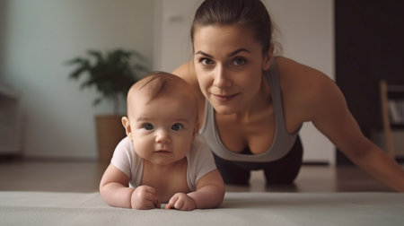 Generative AI, a kind mother exercising at home with her childの素材