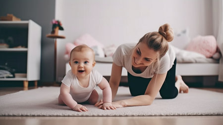 Generative AI, a kind mother exercising at home with her childの素材