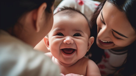 Generative AI, adorable infant grinning joyfully in her momの素材