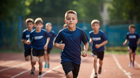 Generative AI shows a male coach instructing elementary school students in sports.の素材