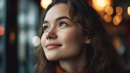 Stunning young woman smiling and averting her eyes. The Generative AIの素材