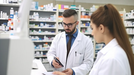 Generative AI showing a male pharmacist helping a customer with a prescription at a pharmacyの素材