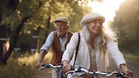 Generative AI is used by a young and jovial elderly couple to enjoy an outdoor activity while riding a bike.の素材