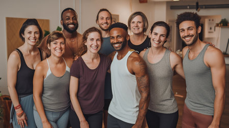 Generative AI depicts a varied group of individuals standing and grinning in a yoga class.の素材