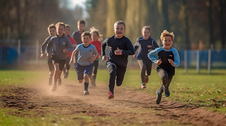 Generative AI shows a male coach instructing elementary school students in sports.の素材