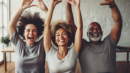 Generative AI, a group of joyful individuals enjoying themselves at a yoga classの素材