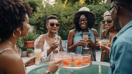 libations and conversation with friends by the pool during a house celebration or summer party. Generative AI, Diversityの素材