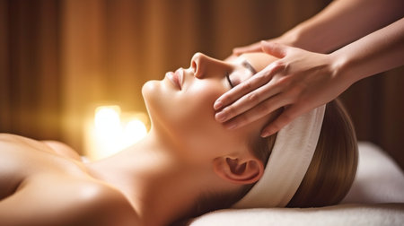 Generative AI shows a young woman relaxing in a spa.の素材