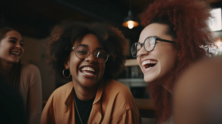 Laughing friends in a coffee cafÃ© using generative AIの素材