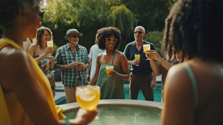 libations and conversation with friends by the pool during a house celebration or summer party. Generative AI, Diversityの素材