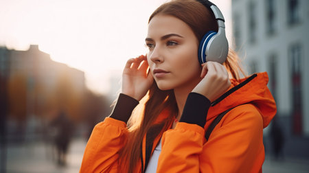 a female wearing athletic clothing and headphones is outside. Generative AIの素材