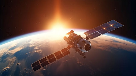 Future International Space Station Flight With Earth And Rising Sun in Background. Generative AI, Earth, and Sunraysの素材