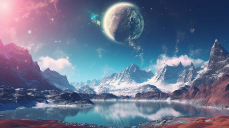 Fantastical view of the cosmos. Generative AI's view of a vast planet and nebula in space from a flowery meadow with a lake and a tall snowy peakの素材