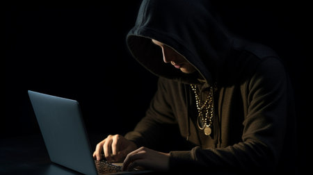 Generative AI and a laptop being used by a hackerの素材