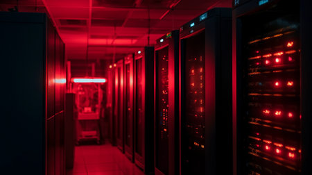 Generative AI with a red emergency signal in the data centerの素材