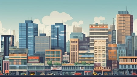 Urban areas of huge cities with supermarkets, skyscrapers, and office buildings, and Generative AIの素材