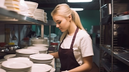 Generative AI of a young blonde lady working in a restaurant kitchen holding platesの素材