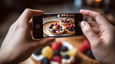 hands photographing food on a phone, Generative AIの素材