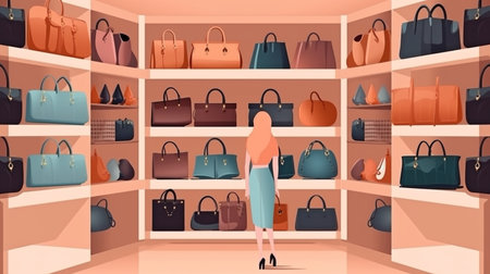 Generative AI, affluent women, and the inside of a high-end, haute couture bag store with a variety of bags in various sizes, styles, and colorsの素材