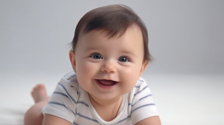Generative AI, a little infant smiling on a white backgroundの素材